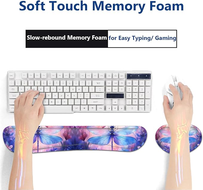 Large Mouse Pad + Keyboard Wrist Rest Set Extended Gaming Mousepad (31.5X11.8 inch) with Non-Slip Rubber Ergonomics Memory Foam Mouse Wrist Rest Support Watercolor Dragonfly XXL Desk Pad