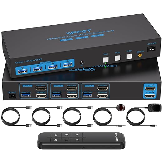 HDMI KVM Switch 2 Monitors 3 Computers EDID Simulation 4K@60Hz 3 Ports KVM Switches Dual Monitor for 3 PC Share 4 USB 3.0 Ports and 2 Screens with 3 USB Cables