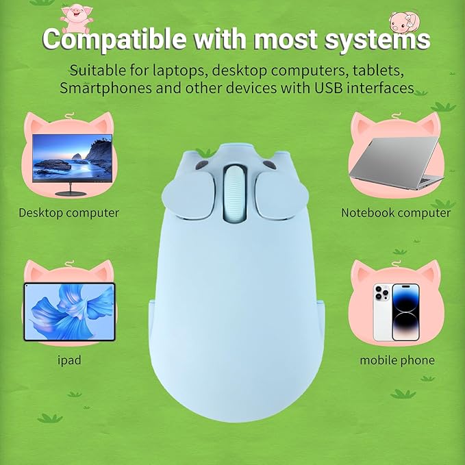 Cute Pig Design Wireless Mouse - Dual Mode Bluetooth &amp USB Silent Operation Ergonomic Ideal for Laptops &amp PCs for Animal Lovers and Family (Blue)