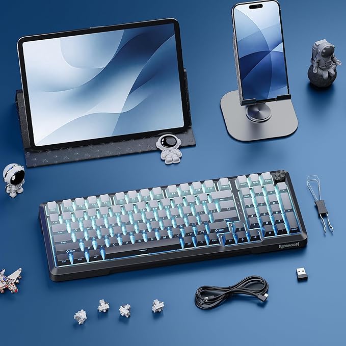 Redragon Wireless Mechanical Keyboard with KnobGasket StructureTri-Mode BT5.0/USB-C/2.4GHz Hot Swappable KeyboardCreamy SoundRGB Backlit PBT Keycaps Computer Gaming KeyboardsK688SP