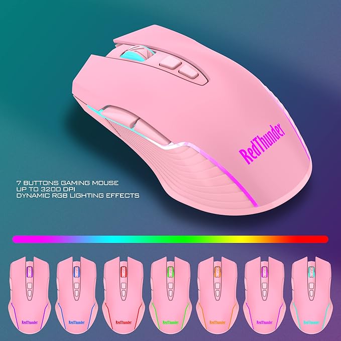 RedThunder K10 Wireless Gaming Keyboard and Mouse Combo LED Backlit Rechargeable 3800mAh Battery Mechanical Feel Anti-ghosting Keyboard + 7D 3200DPI Mice for PC Gamer (Pink)
