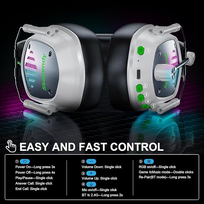 Wireless Gaming Headset for PC PS5 PS4 Switch Mac Mobile Phone USB&ampType-C 2.4GHz Gaming Headphones with ENC Noise Cancelling Mic 50mm Drivers 3D Surround Sound Cool RGB Light 50H GameTim