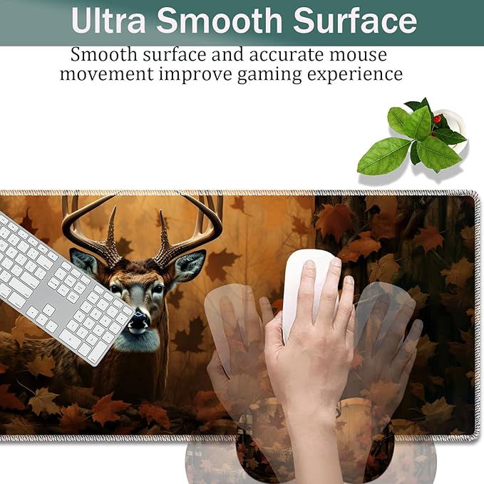Large Game Mouse Pad + Wrist Support Pad + Coffee Coaster Desk Pad with Sewn Edges Anti-Slip Set pad Suitable for Office Work and Home - Camo Flag Deer