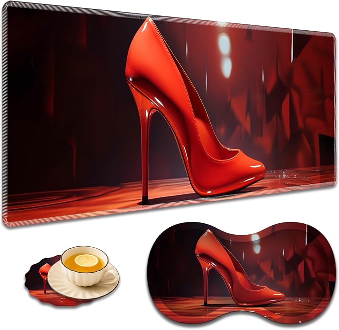 Large Game Mouse Pad + Wrist Support Pad + Coffee Coaster Desk Pad with Sewn Edges Anti-Slip Set pad Suitable for Office Work and Home - Red High Heels