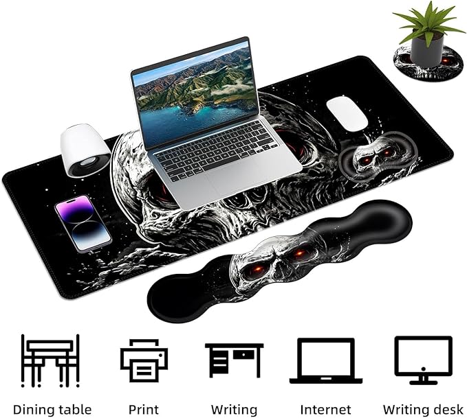 Keyboard Mouse Pad Set Extended Gaming Mouse Pad+Ergonomics Keyboard Wrist Rest Support Memory Foam Easy Typing Pain Relief 4Pcs XL Ultra Thick Desk MatRed Eyed Skull Dark