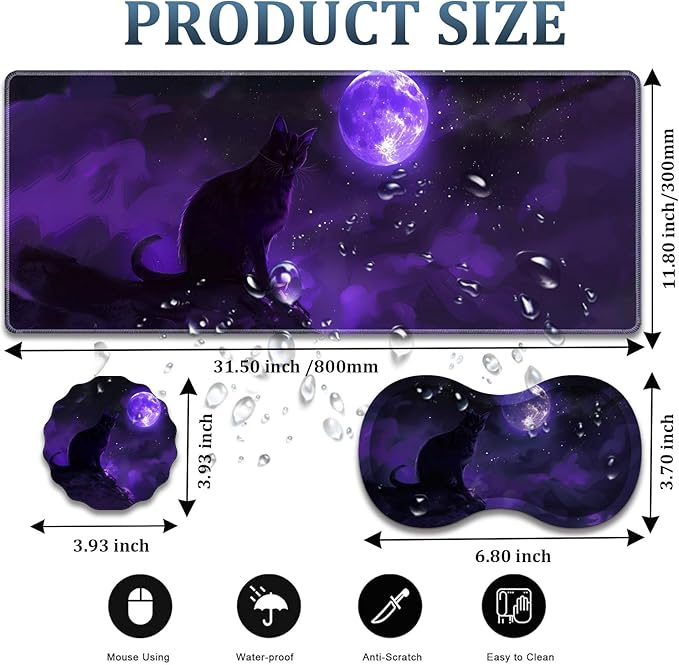 Large Gaming Mouse Pad + Wrist Rest + Lace Coaster Non-Slip Set with Sewn Edges and Waterproof Expandable Desktop Pad Suitable for Office/Home Black Cat and Purple Moon