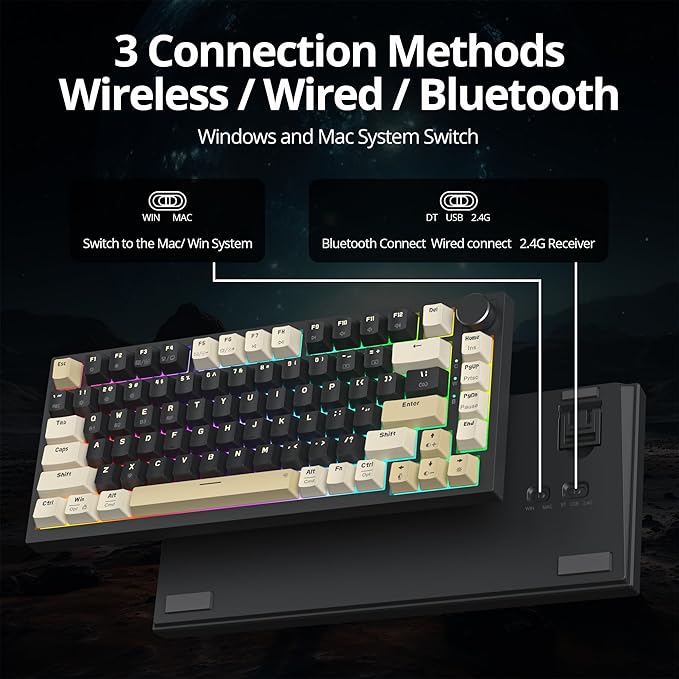 82 Keys Wireless Gaming Keyboard 75 PercentTriple Mode Bluetooth/2.4Ghz/USB Pre-lubed Hot Swappable Mechanical Keyboard w/Knob&ampSound-Absorbing Pads4000mAh Battery for Mac/Win (Black)