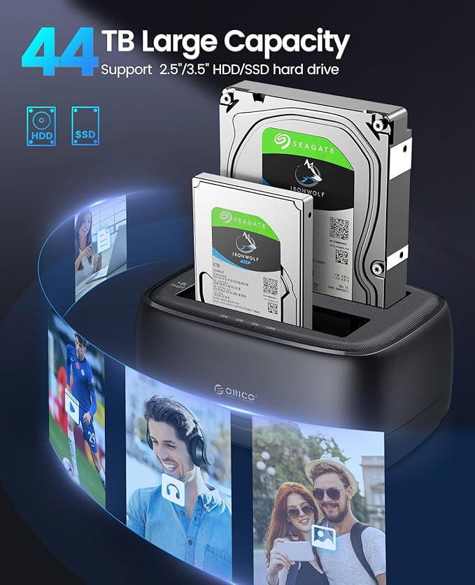 ORICO Hard Drive Docking Station Dual Bay USB 3.0 to SATA with Duplicator/Offline Clone Function External Hard Drive Dock for 2.5''/3.5'' HDD SSD Max Up to 44TB Support UASP Plug&ampPlay-DD-C