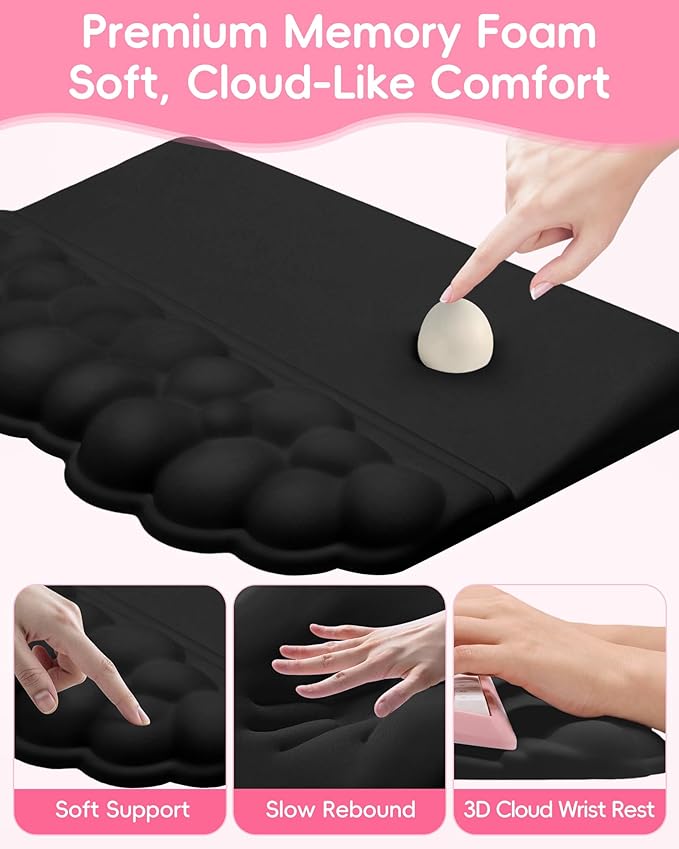 Cloud Wrist Rest Set for Keyboard and Mouse Ergonomic Memory Foam Wrist Support &amp Adjustable Keyboard Stand with Two Typing Angles Silky Lycra Surface Non-Slip Base (Black)