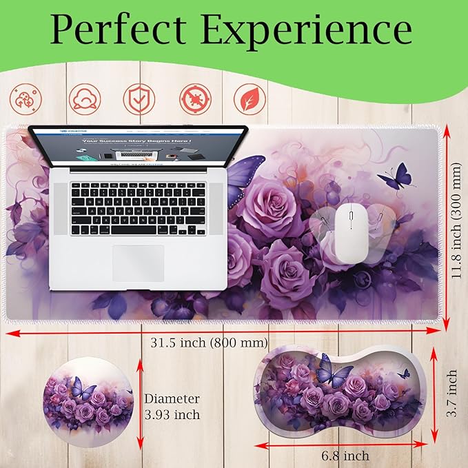 3-in-1 Large Mouse Pad Gaming Set (31.5 x 11.8 inch)+ Wrist Rest Pad + Coaster Memory Foam Gel Wrist Rest Pad for Pain Relief Stitched Edges Non-Slip Table Mat Purple Roses and Butterflies