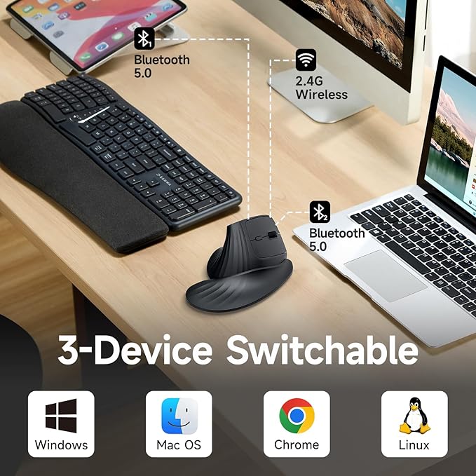 SANWA Wireless Ergonomic Mouse for Large Hands Silent Click Vertical Mice with Removable Wrist Rest 1000-4000 DPI 3-Device (2.4G + 2 Bluetooth 5.4) Compatible with Mac Windows Laptop PC Black
