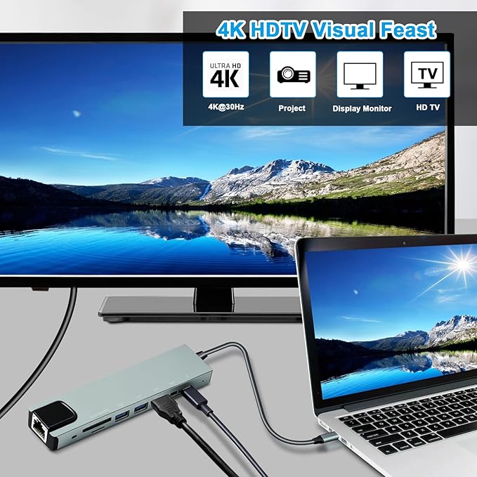 8-in-1 USB-C Hub Multi-Port Adapter for Laptops 4K@60Hz HDMI 85W Power Delivery 3X USB-A 3.0 &amp USB-C Data Ports SD/TF Card Reader for Type-C Devices (Charger Not Included)