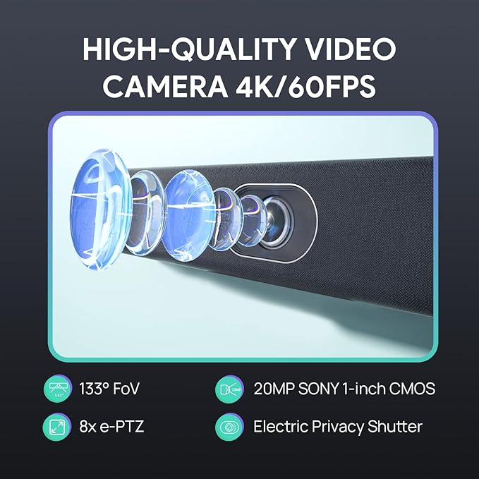 Yealink UVC40-BYOD 4K 60FPS USB Video Conference Camera Teams Zoom Certified 133° Wide Angle Webcam with 8 Microphones and Speakers Audio and Video Conferencing System for Small Huddle Rooms USB-C