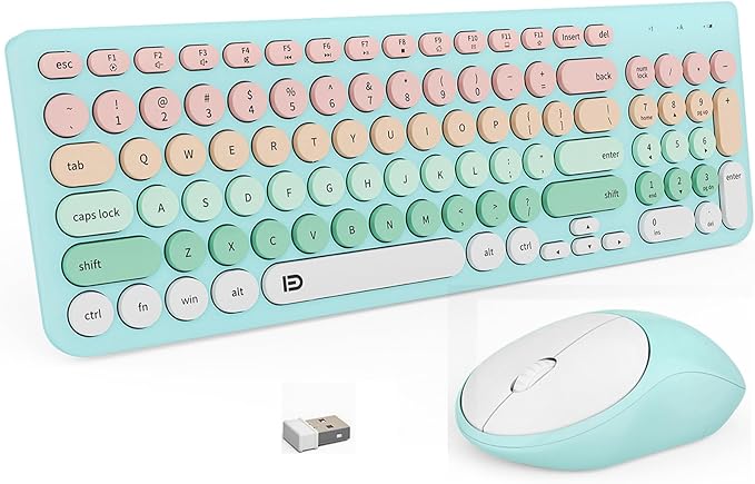 FD Wireless Keyboards and Mouse Combo - 2.4GHz USB Cordless Cute Wireless Keyboard Round Keys Quiet and Slim Set for Laptop Computer TV and Mac - Blue Pale Green Colorful