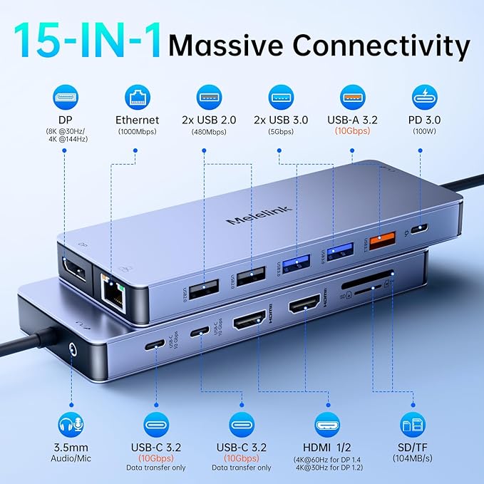 USB C Laptop Docking Station Dual Monitor for Dell/Lenovo/HP 15 in 1 USB C Hub Multiport Adapter Dongle Dock USB-C to 2 HDMI 4K@60Hz 8K DisplayPort 2 USB-C 10Gbps 5 USB-A 100W PD Ethernet SD/TF