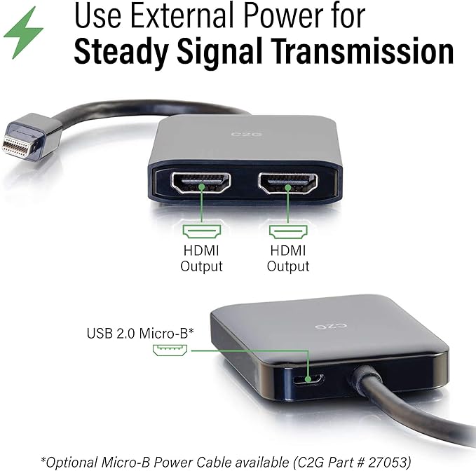 C2G 54292 USB Powered 4K 2-Port Mini DisplayPort to HDMI MST Hub Monitor Splitter Black
