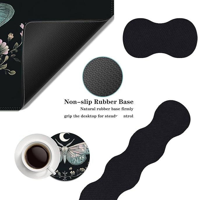 Mouse PadLarge Desk Mat Set 4in1 XL Mousepad + Keyboard Wrist Rest+Mouse Wrist Rest+Coaster with Ergonomic Desk Pad for Home Office Table Computer Cover -Moth Floral Moon