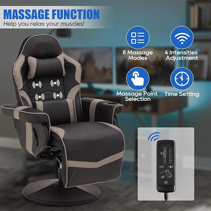 Gaming Chairs for Adults Gaming Chair with Footrest Massage Gaming Chair w/Adjustable Height and Backrest Swivel Video Game Chair with Lumbar Support Side Pouch (Black&amp Grey)