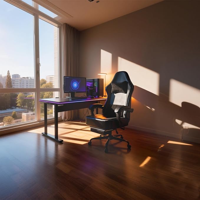 Gaming Chair with Pocket Spring Cushion and Footrest Ergonomic Computer Chair for Adults Breathable PU Leather Game Chair Adjustable Headrest and Lumbar Support Office Desk Chair