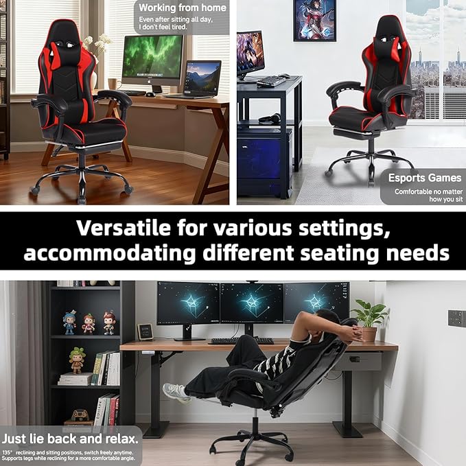 Ultimate Immersive Gaming Chair with Massage Racing Style PU Leather Seat with Molded Foam Support During Long Sessions (Black+Red)