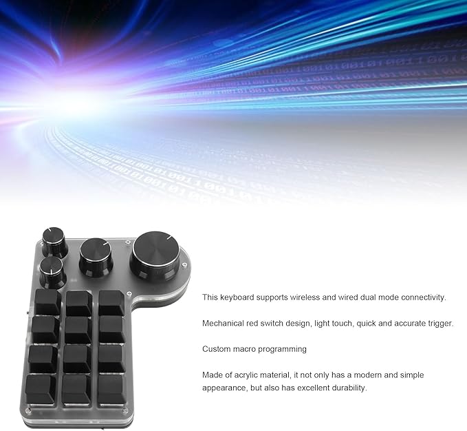 Zopsc USB Macro Mechanical Gaming Keyboard 12 Keys 4 Knobs BT Wired USB Dual Mode Connection Custom Macro Programming Keyboard Hot Swappable Red Switch
