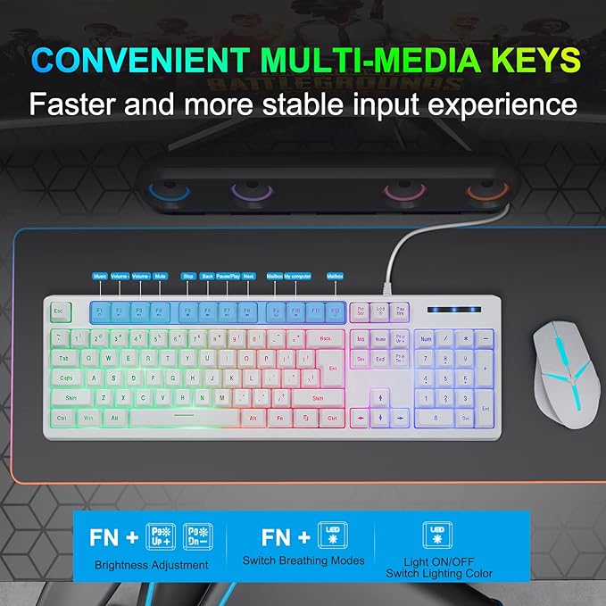HUO JI White Gaming Keyboard USB Wired with Rainbow LED Backlit Floating Keys Mechanical Feeling Spill Resistant Ergonomic for Xbox PS Series Desktop Computer PC
