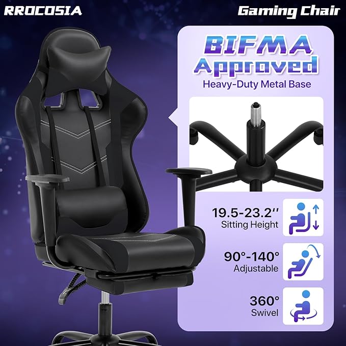Gaming Chair for Adults - 250lbs Capacity Video Game Chair with Footrest &amp Lumbar Support Ergonomic 360° Swivel Height Adjustable Office Gamer Chair Heavy-Duty PU Leather (Black)