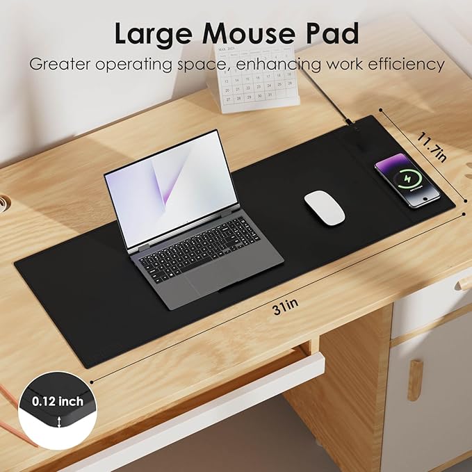 Magnetic Mouse Pad with Wireless Charging 31'' x 11.7'' Extra Large Desk Pad Waterproof and Scratch-Resistant Mousepad Charcoal Black Computer Mouse Mat for MacBook PC Laptop