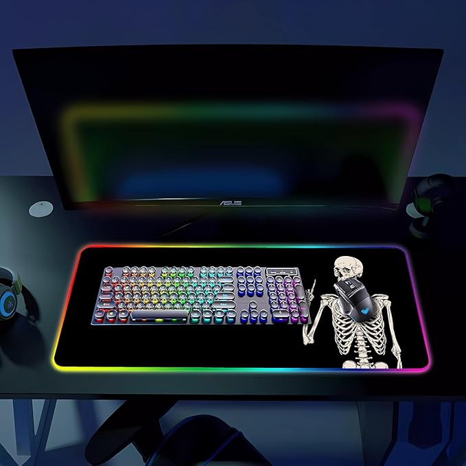 RGB Gaming Mouse Pad Large Mousepad with Led Light Big Keyboard Pad Gaming Accessories for Desk Non-Slip Rubber Base Black Human Skeleton Mouse Mat for Gamer 31.5 X 11.8 Inch