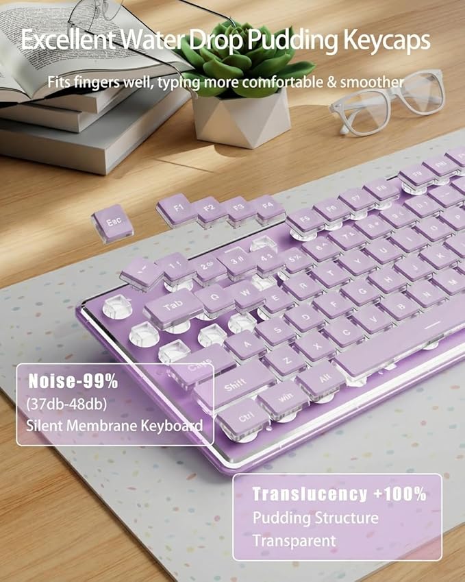EWEADN GX710S Backlit Computer Keyboards Wired USB Keyboard with White Backlit Metal Panel Plug and Play Pudding Keycaps Full Size Quite Computer Keyboard for Win/PC/Laptop-Purple
