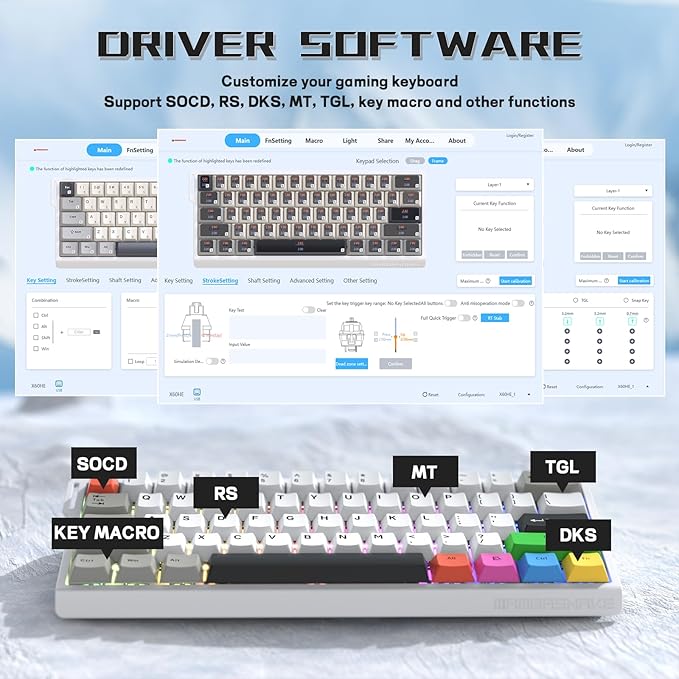MAMBASNAKE X60 HE 60% Rapid Trigger Wireless Gaming KeyboardHall Effect Magnetic SwitchesAdjustable Actuation0.1ms Ultra-Low Latency 8KHz Polling Rate3-Mode RGB8 Color PBT Keycaps-Star White