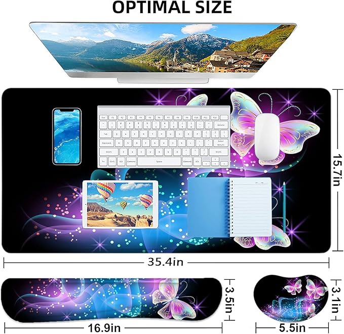 LATEEFAH Desk Mat Mouse Pad with Wrist Rest 4-in-1 Large Mouse Pads for Desk Ergonomic Mouse Pad and Keyboard Wrist Rest Gaming Keyboard Mat for Office Home
