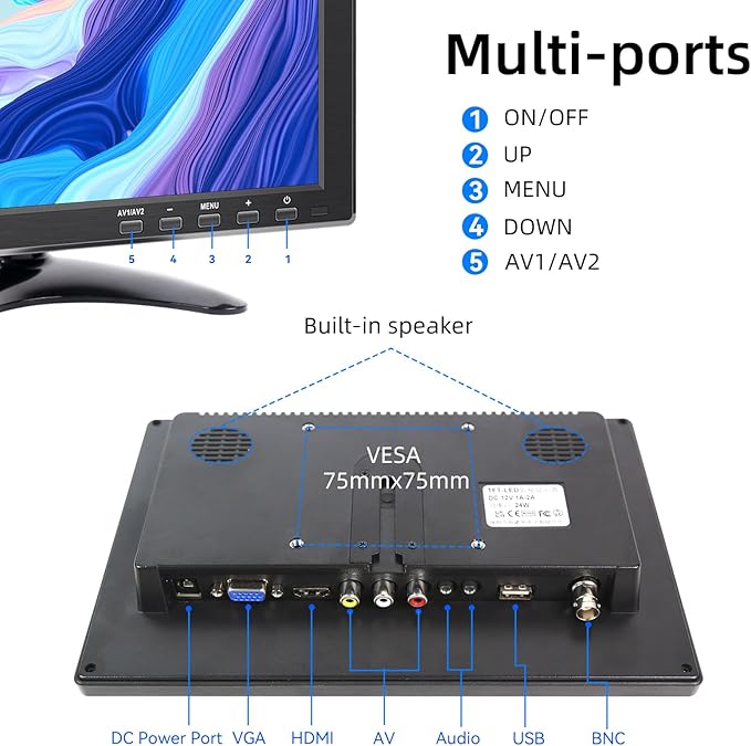 10.1 inch Small Monitor (1920x1200) 178° Screen Display with HDMI VGA AV BNC USB for PC Laptop Computer Kitchen Monitor Built-in Speaker VESA Remote Control