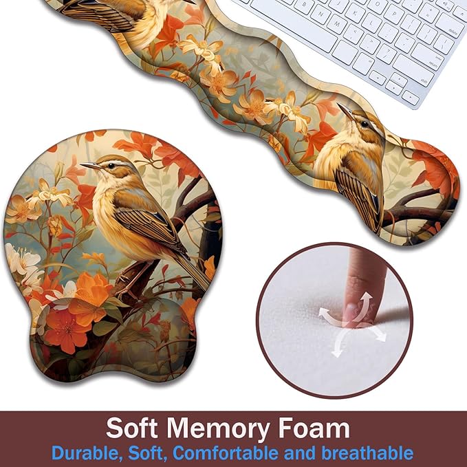 Keyboard Wrist Rest and Mouse Pad Wrist Support with Lace-Shaped Coaster Set Ergonomic Gel Memory Foam and Anti-Slip Base Easy Typing and Pain Relief - Larks Among Flowers