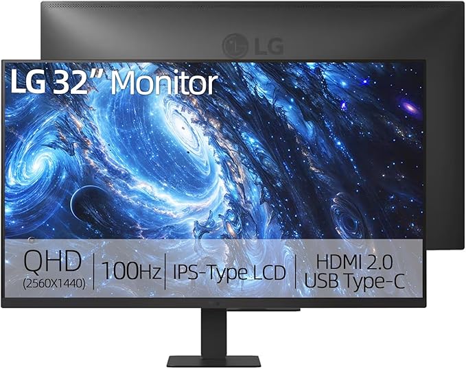 LG 32 QHD IPS Monitor 2560 x 1440 100Hz HDR10 99% sRGB USB-C with 15W Power Delivery 3-Side Borderless Design Dynamic Action Sync Tilt Adjustable for Home Office and Productivity