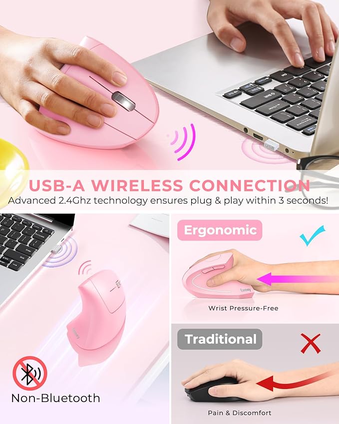 Lekvey Ergonomic Mouse Vertical Wireless Mouse Rechargeable 2.4 GHz USB Optical Carpal Tunnel Mice : 800/1200 / 1600 DPI 6 Buttons for Laptop PC Mac Computer Desktop Notebook etc Pink