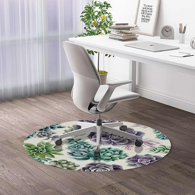 Green PU Leather Chair Mat for Hardwood Floor Anti-Slip Floor Protector Cute Succulents Flower Desert for Home/Office Rolling Chair and Computer Desk Hot Plant Artwork Diameter 55 in