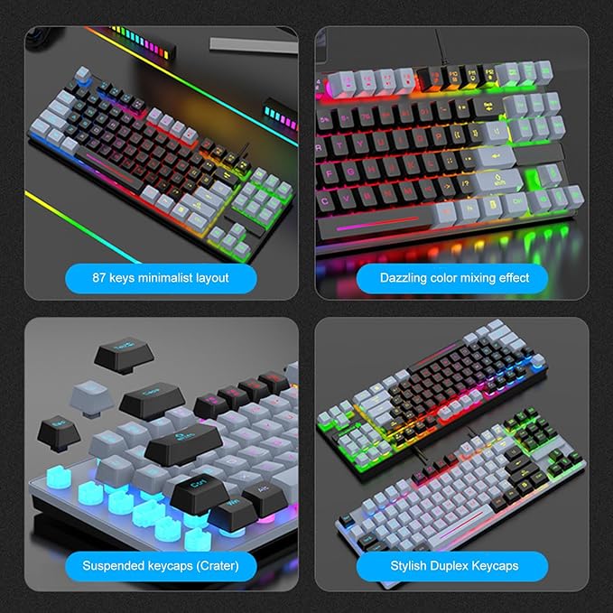 Wired Mechanical Gaming Keyboard 87 Keys Hot Swap Mechanical Keyboard RGB LED Backlit Mechanical USB Keyboard Hot Swappable Custom Keyboard for Laptop PC Games