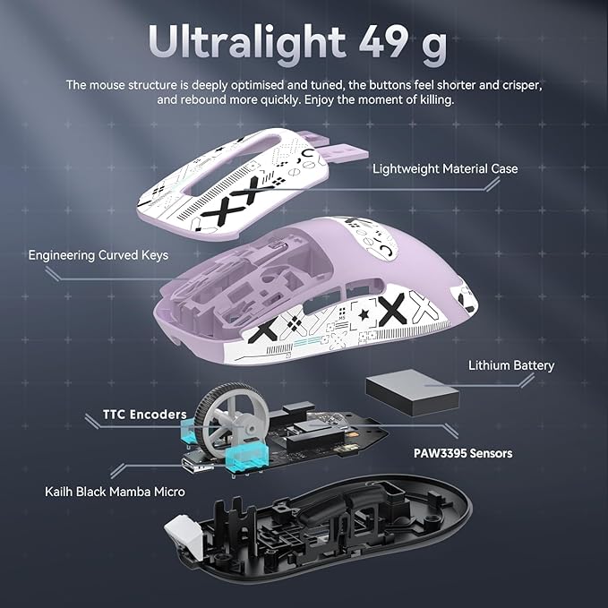 ATTACK SHARK X3 Wireless Gaming Mouse 49g Bluetooth/2.4G/USB-C Ergonomic Computer Mouse PAW3395 26K DPI Sensor 200h Battery Life Programmable Buttons Gaming Accessories for PC/Laptop/Mac
