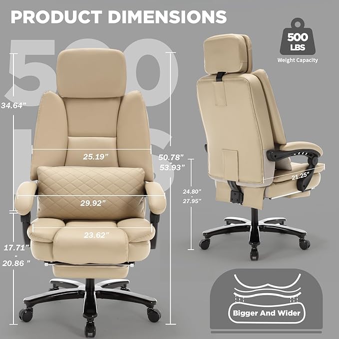 500lbs Plus Size Office Chair with Lumbar Support PU Leather Big and Tall Heavy Duty Reclining Office Desk Chair with Foot RestBeige