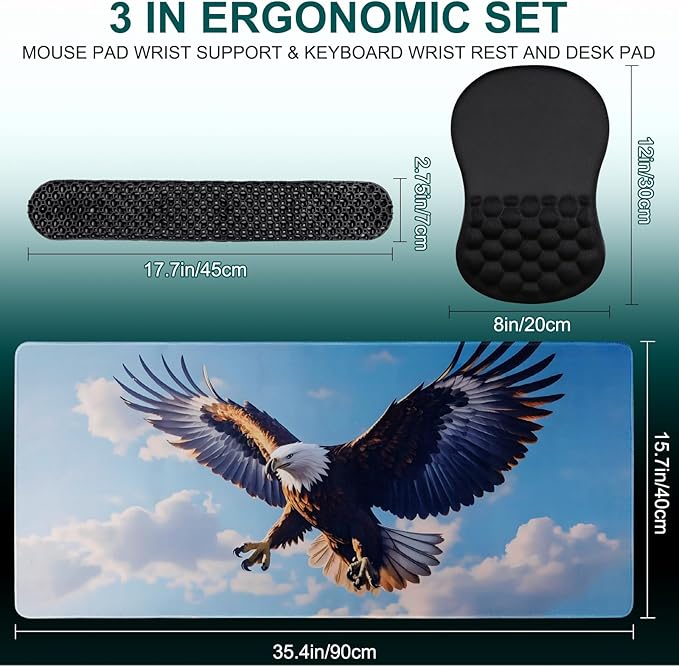 3 in 1 Ergonomic Set Mouse Pad with Wrist Rest Keyboard Wrist Rest and Desk PadMemory Foam Soft Breathable Pain Relief for Wrist Fatigue Prolonged Typing and Mouse Use Jamboa