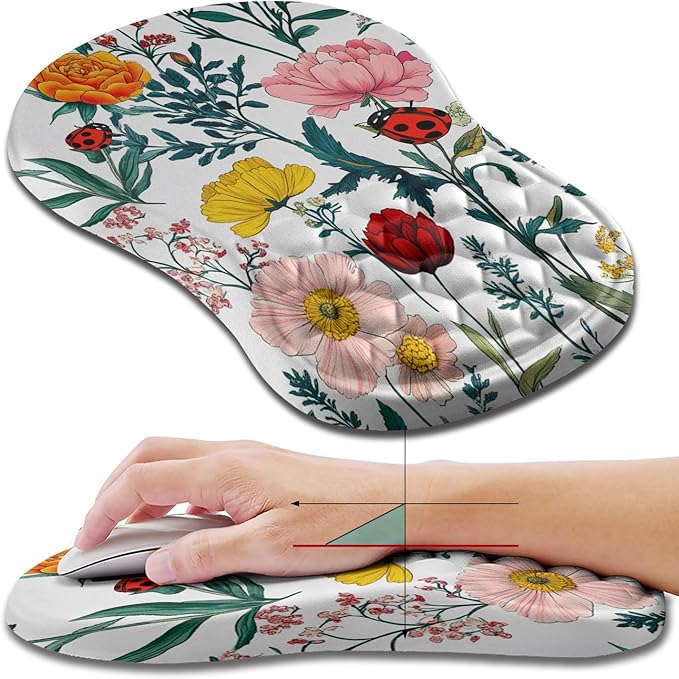 Hokafenle Ergonomic Mouse Pad Wrist Support Wrist Rest Mousepad for Carpal Tunnel Pain Relief with Integrated Memory Foam Slope Massage Bulge (11.8x7.9 inchFlowers and Ladybugs