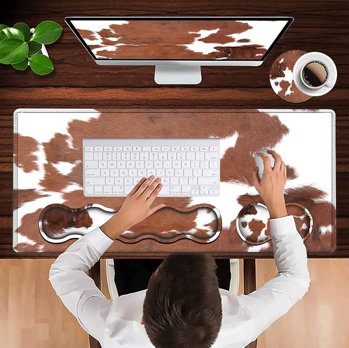 Large Mouse Pad and Gel Mouse Wrist Rest+ Memory Foam Keyboard Wrist Rest Support Set Non-Slip Rubber Base for OfficeHomeComputerExtended Gaming Mousepads XXL Animal Skin Brown Cowhide Desk Mat