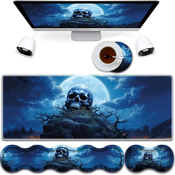 4 in 1 Mouse Pad Combo Large Gaming Mouse Pad + Keyboard Wrist Support + Mouse Wrist Rest + Coaster Table Pad 31.5 x 11.8 with Memory Foam Ergonomic Wrist Pad Set Blue Skull Moon