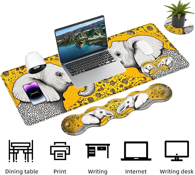 Keyboard Mouse Pad Set Extended Gaming Mouse Pad+Ergonomics Keyboard Wrist Rest Support Memory Foam Easy Typing Pain Relief 4Pcs XL Ultra Thick Desk MatElephants Sunflower Field