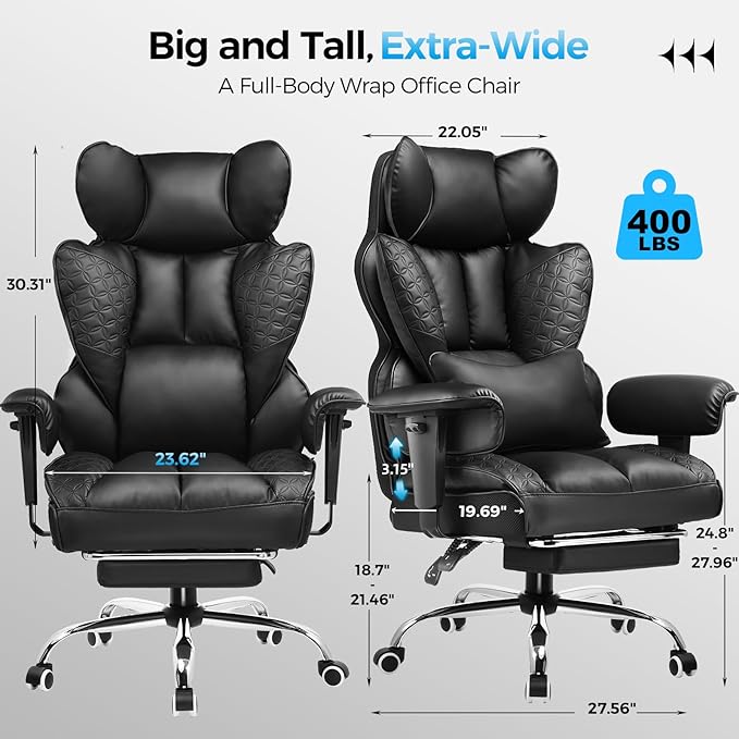 GTPLAYER Big and Tall Gaming Chair 400lbs Heavy Duty Office Chair with Footrest High Back Pocket Spring Lumbar Support Ergonomic Wide Comfy Seated Cushion for Lower Back Pain Relief Earth-Black