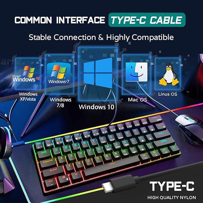 RK ROYAL KLUDGE RK61 Wired 60% Mechanical Gaming Keyboard Programmable QMK/VIA RGB Backlit 61 Keys Ultra-Compact Hot Swappable Blue Switch Black