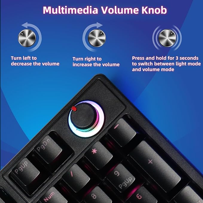 Mechanical Gaming Keyboard with Red Switches:98 Keys with Backlit Black Fine-tune audio or brightness using the dual-function knob17 Lighting ModesAnti-Ghosting Wired USB for PC Mac Gaming