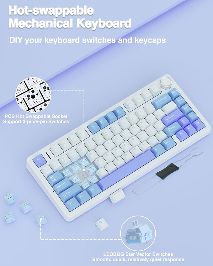 AULA F75 75% Wireless Mechanical Keyboard Hot Swappable Creamy Keyboard Pre-lubed Star Vector Switches RGB Backlit Gaming Keyboards 2.4GHz/Type-C/BT5.0(White&ampBlue&ampPurple)