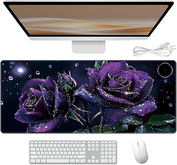 Heated Desk Pad 31.5 x 13 3 Large Heated Mouse Pad with Heat Levels (40°C/45°C/50°C) &amp 3H Auto Shut-Off Desk Mat Fast Heating PU Leather Warmer Mousepad for Home Office - Purple Rose Flowers
